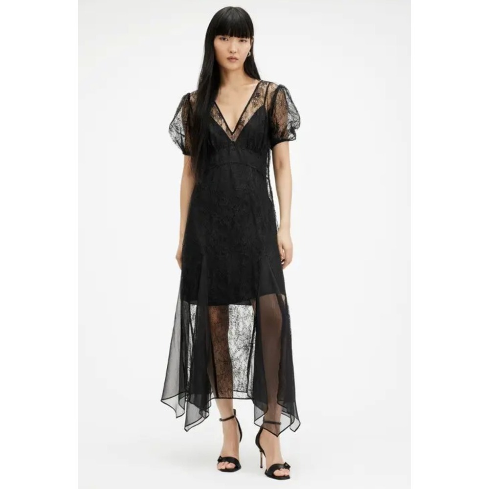 AllSaints Rayna Lace Dress 8 Black Midi Sheer Gothic Wedding Guest